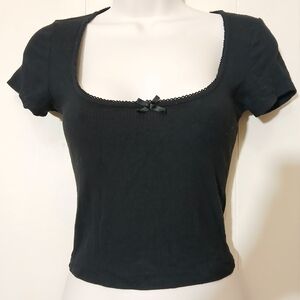 Ribbed Top Black Lace Trim Bow Low Scoop Neck Y2K Dark Romance Whimsigoth